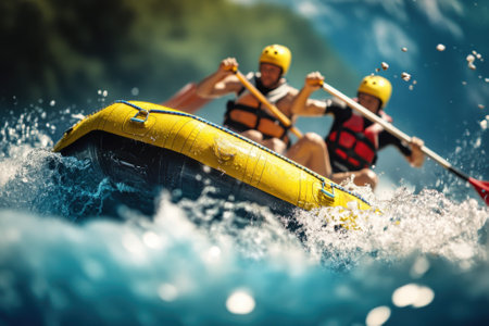 Two people paddle vigorously in a yellow raft on a vibrant river during a sunny day.の写真素材