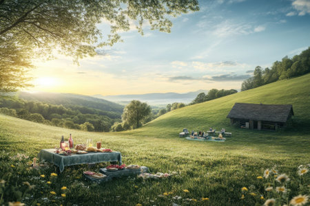 Families and friends gather for a delightful picnic on a green hillside at sunset, enjoying the landscape.の写真素材