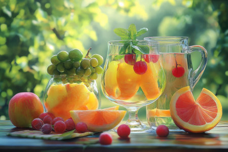 A vibrant display of fruit-infused beverages featuring grapes, cherries, and melons under golden sunlight.の写真素材
