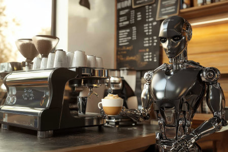 A robot prepares and serves a cup of coffee in a stylish cafe setting filled with machines and customers.の写真素材