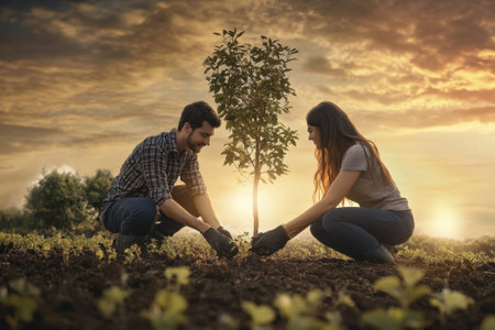 A man and woman are planting a small tree in the soil as the sun sets, surrounded by greenery.の写真素材