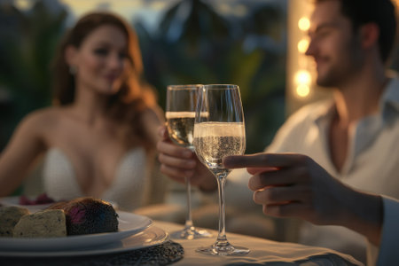 A couple shares a toast with sparkling drinks while sitting at a beautifully set table surrounded by nature.の写真素材