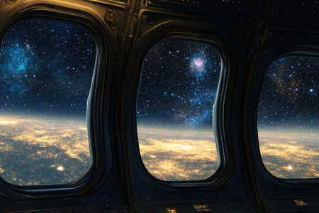 Three spacecraft windows reveal a breathtaking view of Earth and the vast cosmos filled with stars.の写真素材