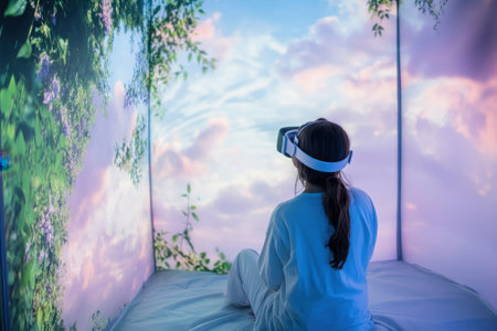 A person enjoys a virtual reality experience surrounded by a tranquil digital landscape with skies and greenery.の写真素材