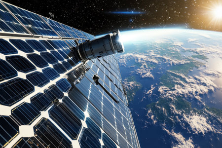 A solar-powered satellite orbits Earth, offering a stunning view of the planet and space.の写真素材