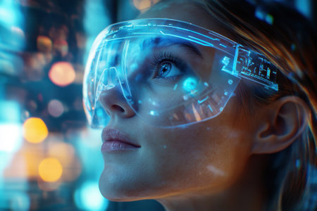 Woman using AR glasses interacts with holographic data, highlighting tech innovation.の写真素材
