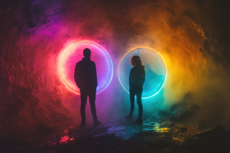 Two figures pose between vibrant illuminated rings in a foggy cave, creating a surreal atmosphere.の写真素材