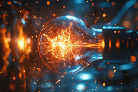 A brilliant electric spark dances within a light bulb, illustrating the power of energy and modern technology.の写真素材