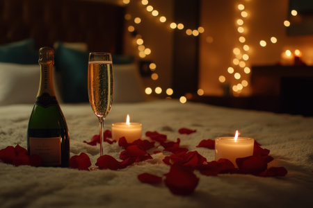 A cozy room adorned with rose petals, candles, and champagne, creating a romantic atmosphere.の写真素材