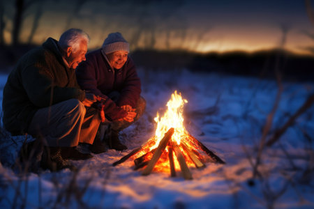 Two elderly individuals gather around a campfire, sharing warmth and stories as dusk falls over the snowy landscape.の写真素材