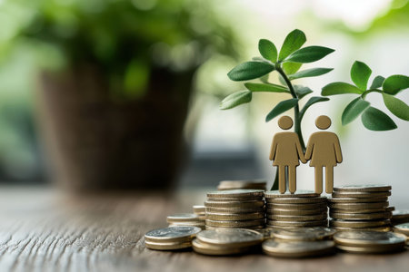 A couple stands together on a pile of coins with a small plant, symbolizing growth and financial unity.の写真素材