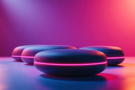 Smooth stones glow with colorful neon lights, creating a serene atmosphere in a modern setting.の写真素材