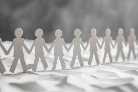Paper figures stand connected by holding hands, symbolizing unity and teamwork on a textured surface.の写真素材