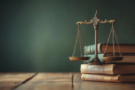 A vintage set of balance scales is placed on top of law books, reflecting a legal topic in an academic setting.の写真素材