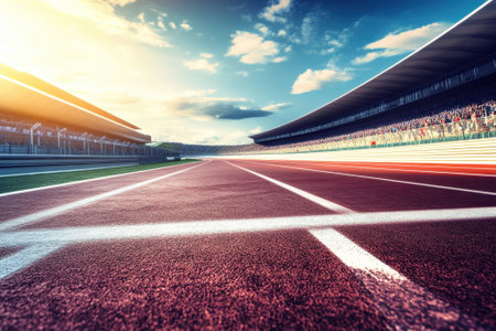 A bright red running track extends to the horizon under sunlight, with grandstands filled with spectators.の写真素材