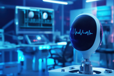 A futuristic device showing vital signs is prominently featured in a high-tech medical lab with glowing screens.の写真素材