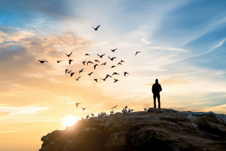 Individual stands on a rocky ledge observing birds taking flight at sunset, showing the beauty of nature.の写真素材