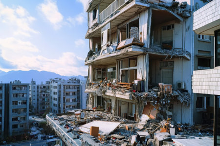 Devastated buildings stood in a city after an earthquake, showing extensive structural damage and debris.の写真素材