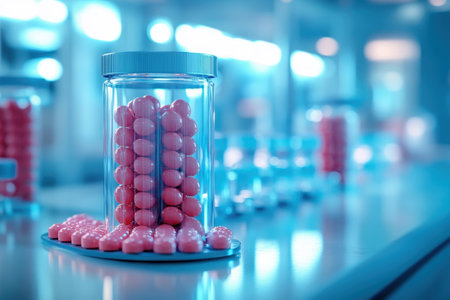 Brightly colored capsules are neatly arranged in jars on a counter, illuminated by calming ambient lights.の写真素材