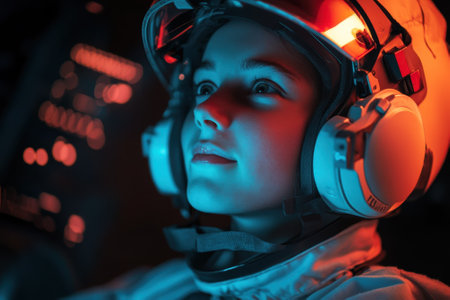 A young astronaut focused on the mission, sitting in a control room filled with screens and controls.の写真素材