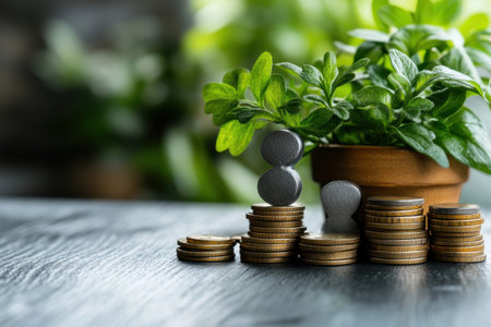 Stacks of coins are arranged next to a green potted plant, symbolizing growth and prosperity indoors.の写真素材