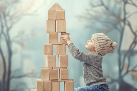 A young child in a knitted hat assembles a tall tower made of wooden blocks, focused and joyful.の写真素材