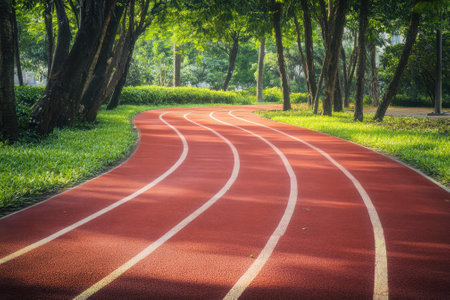 A winding red track is surrounded by vibrant greenery, inviting runners and walkers in the serene park.の写真素材