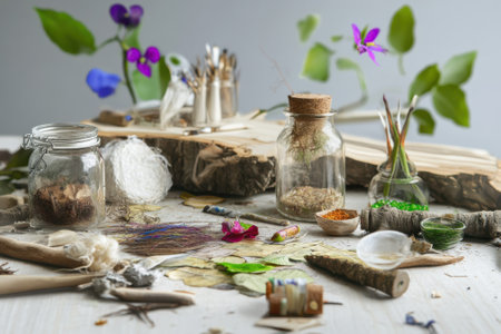 A vibrant workspace features natural materials and craft supplies arranged on a rustic table.の写真素材