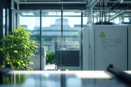 Bright workspace showcasing a blend of greenery and industrial machinery, creating a harmonious environment.の写真素材