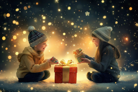 Two children sit on snow, smiling as they exchange beautifully wrapped gifts under a sparkling night sky.の写真素材
