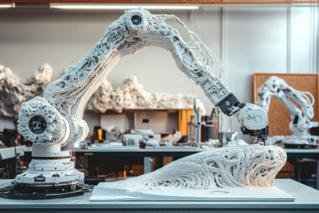 A robotic arm intricately carves a sculpture from white material in a contemporary art studio setting.の写真素材