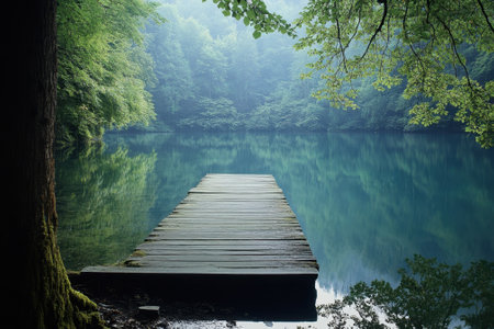 A peaceful wooden dock extends into a calm lake, framed by vibrant green trees and misty surroundings.の写真素材