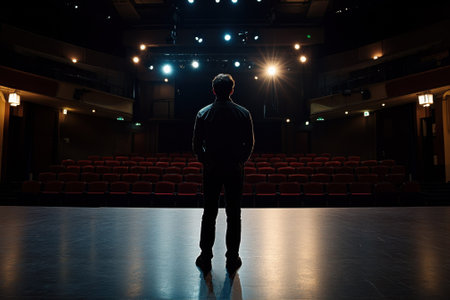 Individual reflections on the stage with bright lights shining while an empty audience awaits the performance.の写真素材