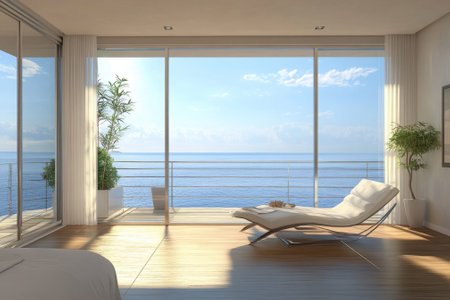 A serene room features sleek furniture and large windows offering stunning views of the ocean and bright skies.の写真素材