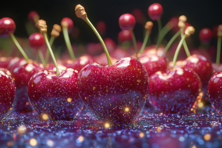 Heart-shaped cherries capture light, creating a magical atmosphere with vibrant colors and sparkles, showcasing beauty.の写真素材