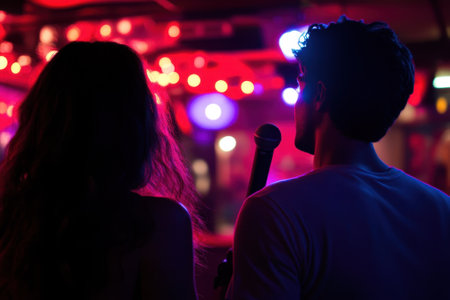 A couple enjoys singing karaoke together surrounded by vibrant lights in a lively entertainment setting.の写真素材