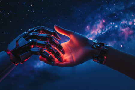 A robotic hand reaches out to touch a human hand, both illuminated by a starry night sky filled with galaxies.の写真素材