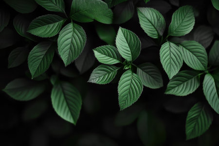 A collection of vibrant green leaves showcases intricate textures and shapes on a dark backdrop.の写真素材