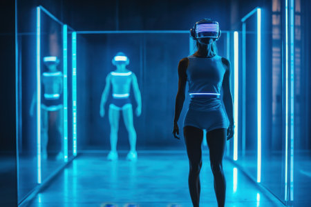 Participants engage with immersive virtual reality in a dark, neon-lit space.の写真素材