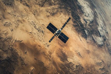 A satellite hovers high above a vast desert region, capturing the intricate patterns of the terrain below.の写真素材