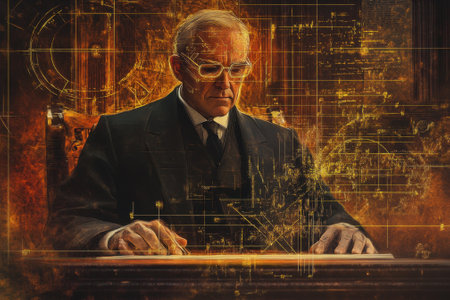 An older gentleman in formal attitude writes intently while surrounded by futuristic digital graphics.の写真素材