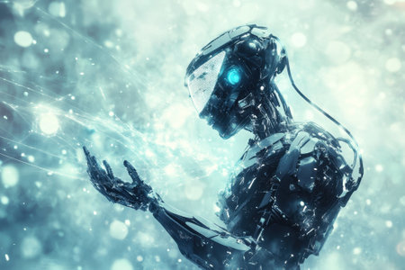 A human-like robot stands in an ethereal setting, manipulating glowing digital particles as snow falls softly.の写真素材