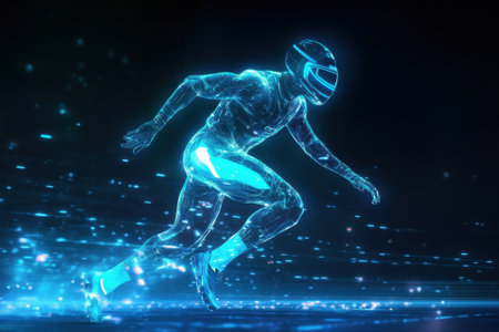 A digital representation of an athlete sprinting rapidly in a glowing, high-tech landscape that emphasizes movement.の写真素材