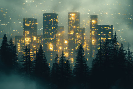 Tall buildings with glowing windows emerge from thick fog and trees at dusk, creating a mysterious atmosphere.の写真素材