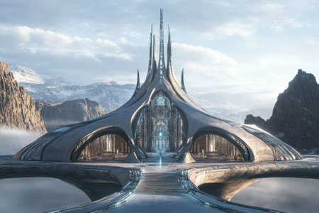 Intricate building design merges with nature, creating a stunning architectural marvel under a clear sky.の写真素材