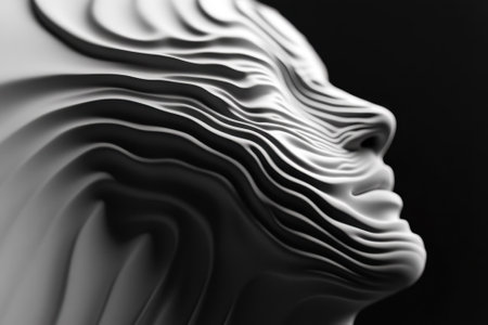 A detailed sculpture displays a human face formed with elegant layered patterns in black and white.の写真素材