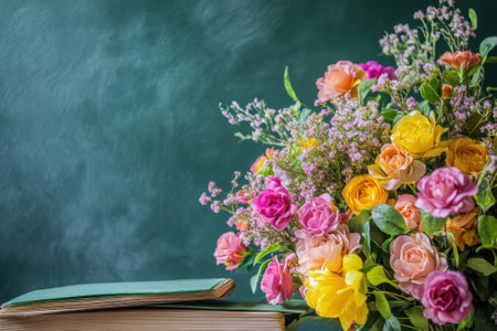 A vibrant arrangement of mixed flowers is placed next to a stack of green-covered books on a stylish green backdrop.の写真素材