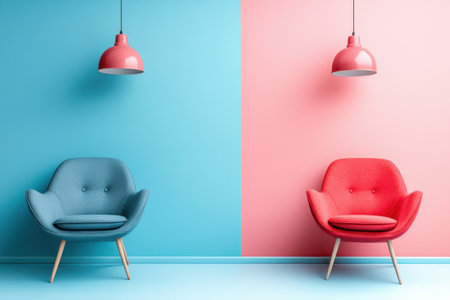 Two stylish chairs in blue and red are placed in front of a vibrant blue and pink wall, enhancing modern decor.の写真素材