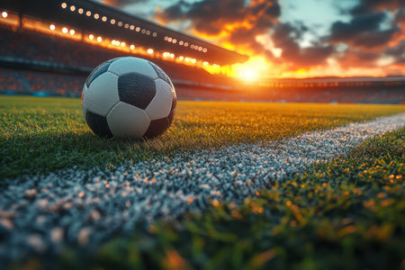 The sun sets behind a vibrant stadium, casting warm hues over a soccer ball on the field's edge.の写真素材