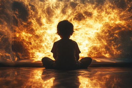 A young child sits quietly, captivated by the vibrant flames illuminating the dark space.の写真素材